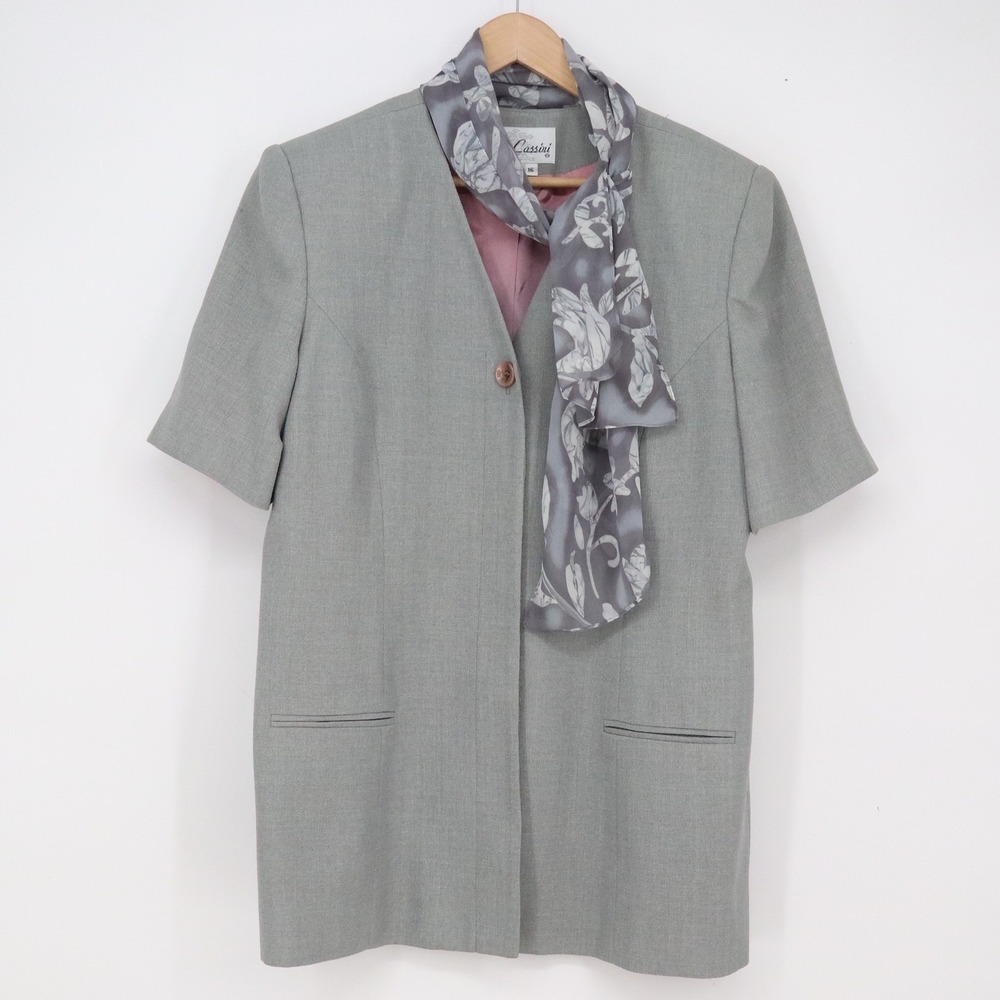 Oleg Cassini Skirt Suit Women's 16 Gray Short Sleeve Scarf Vintage Good